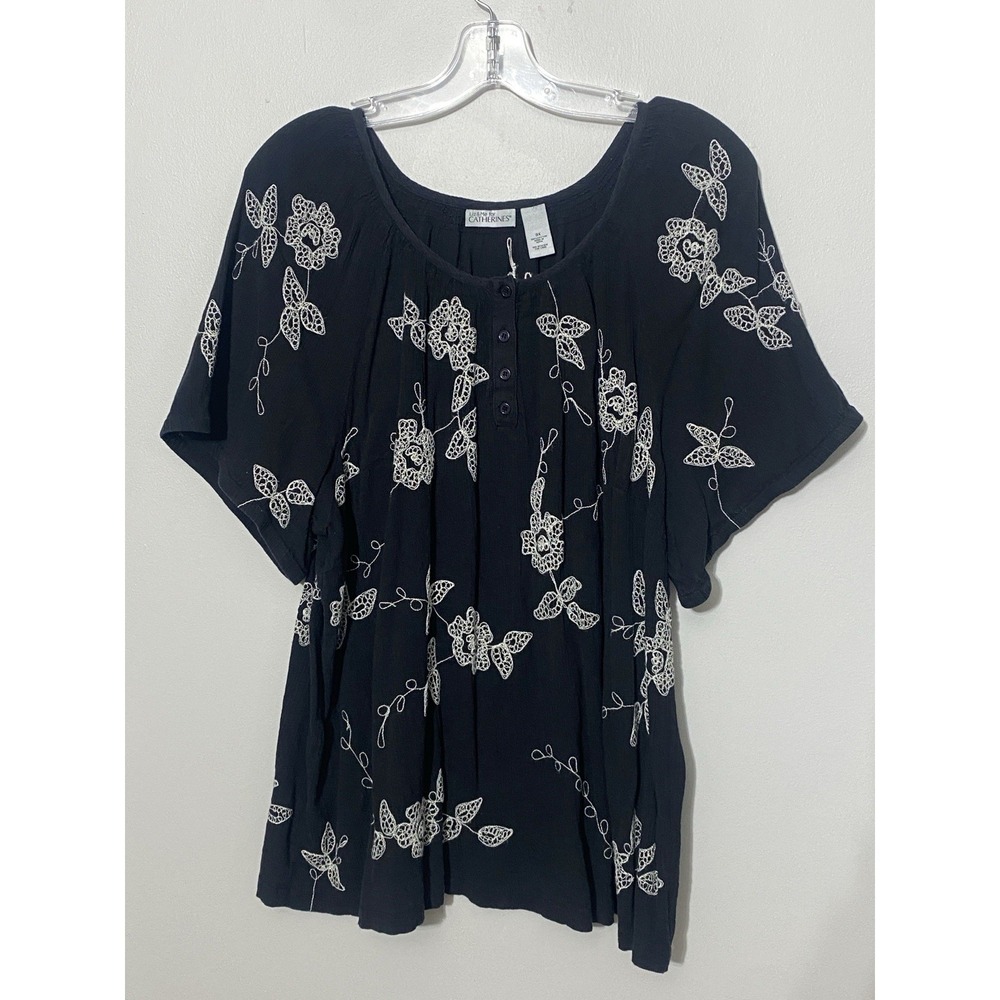Liz & Me for Catherines Black Top Stitched Flowers Lightweight Flowy Artsy Sz 3X